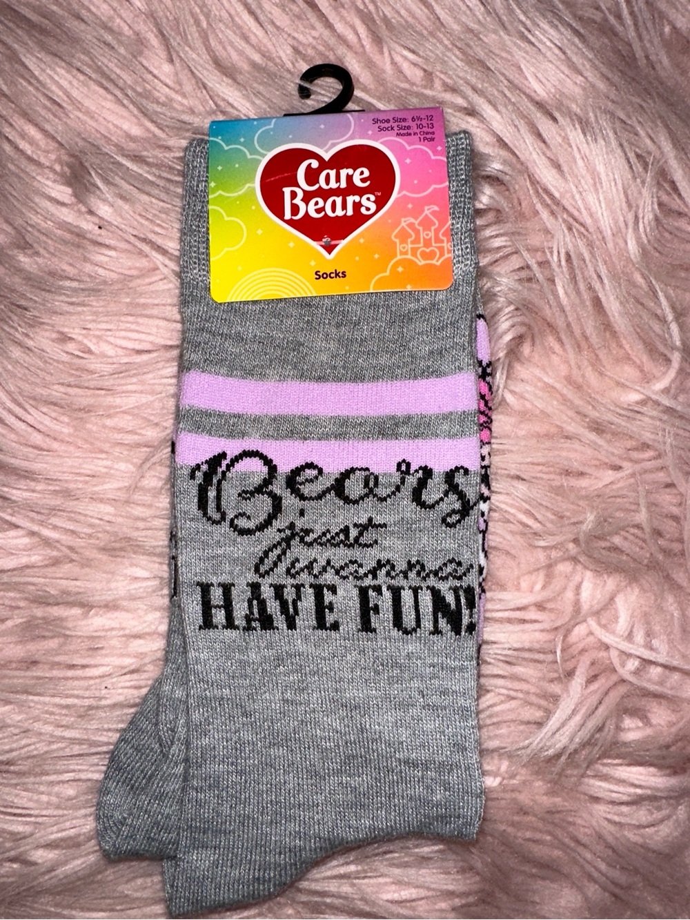 Care Bears Gray & Pink Crew Socks with “Bears Just Wanna Have Fun”
